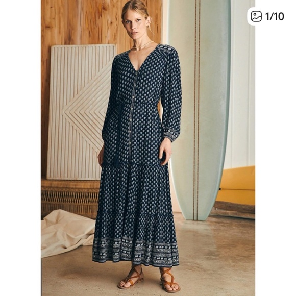 Faherty Orinda Maxi Dress Navy Block Print pattern robe belt Crinkle fabric Med. - Picture 1 of 10